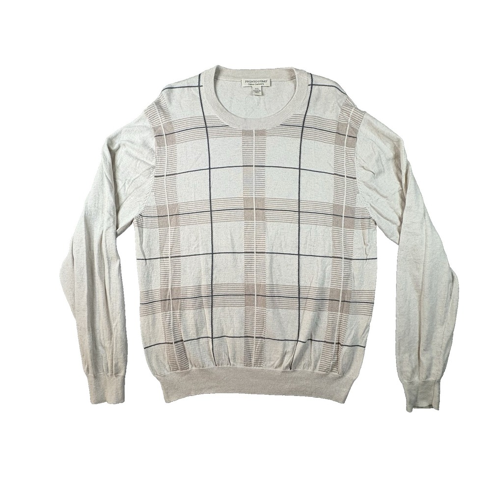 Pronto Uomo Men's 2XL (Fits L/XL) Beige Cotton Cashmere Plaid Crewneck Sweater